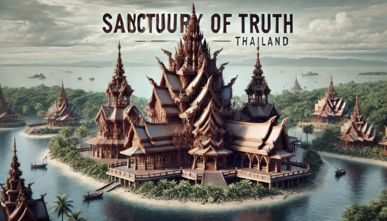 DALL·E 2025 01 20 11.22.40 A highly detailed and realistic depiction of the Sanctuary of Truth in Thailand featuring its intricate wooden architecture and carvings positioned 1 768x439