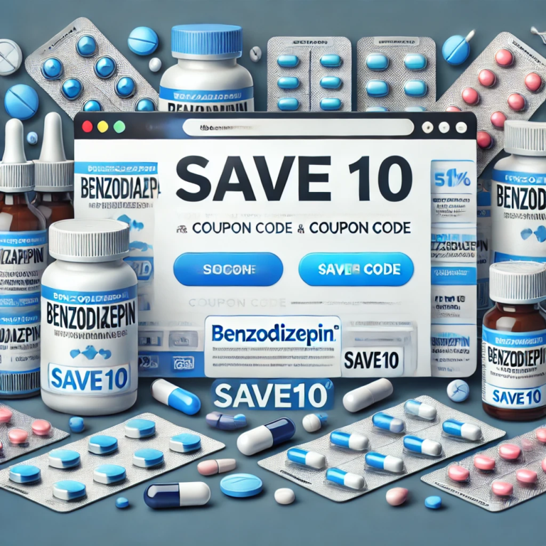 DALL·E 2025 01 29 10.22.33 A promotional digital banner featuring the website name benzodiazepin.com and a coupon code SAVE10. The design includes various pharmacy related i 768x768