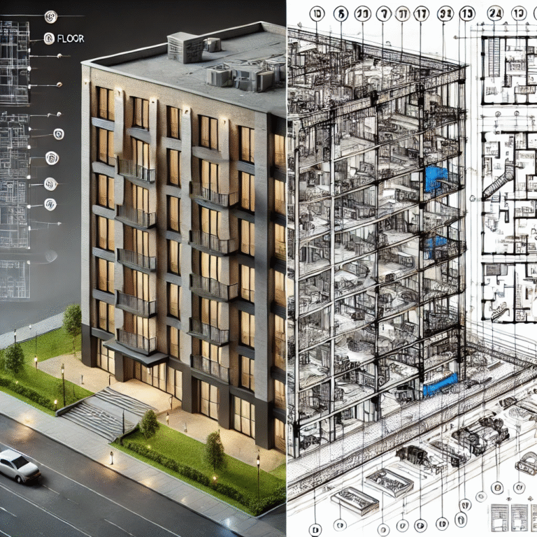 DALL·E 2025 02 11 12.39.23 Create an image showing a building floor plan with the   fourth floor   split down the middle. On one side show the   3D rendering   of the building  768x768