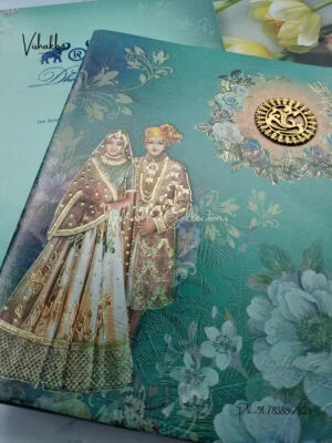 Aqua Green Indian Bride Groom Royal traditional invite