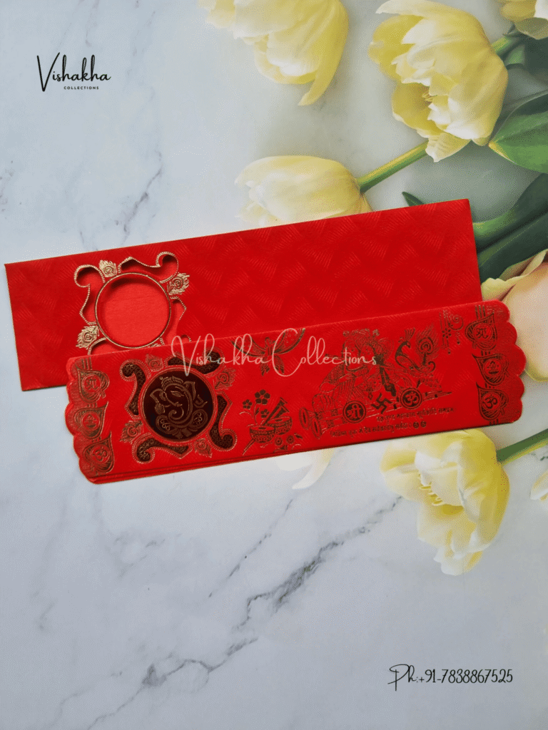 Red Piano style paper Scroll with Swastik Ganesh Wedding card Design 768x1024