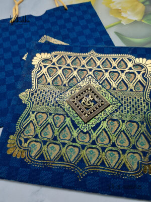 Side Angle Of Carry Bag Style Bluish Green and Gold foiled wedding invitation 300x400 1