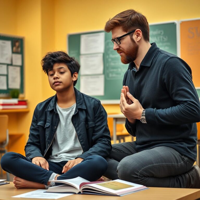 Stress‑busting study session tutor and student practicing breathing techniques before exam calm learning atmosphere 768x768
