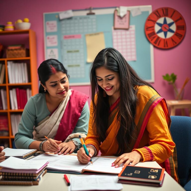 Time‑management lesson with Indian tutor helping student craft weekly study planner and calendar view 768x768