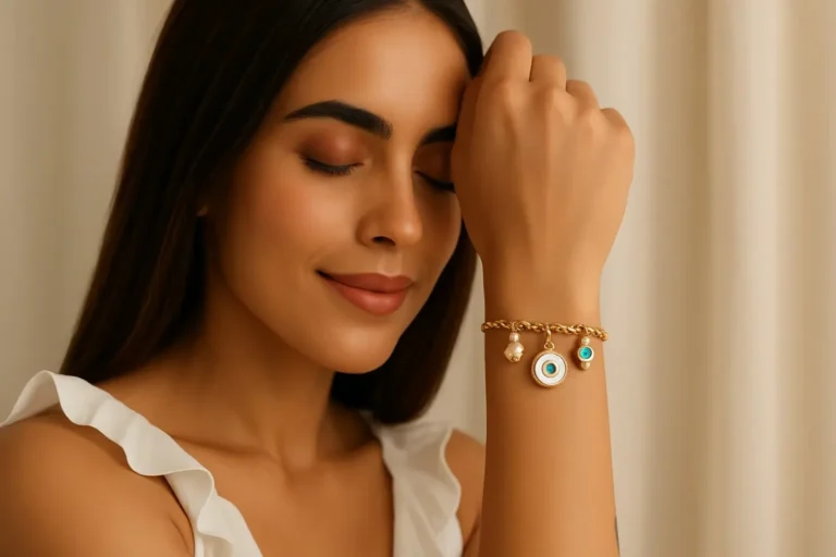 1751475678.A person wearing an evil eye bracelet on their left wrist styled with other accessories 768x512