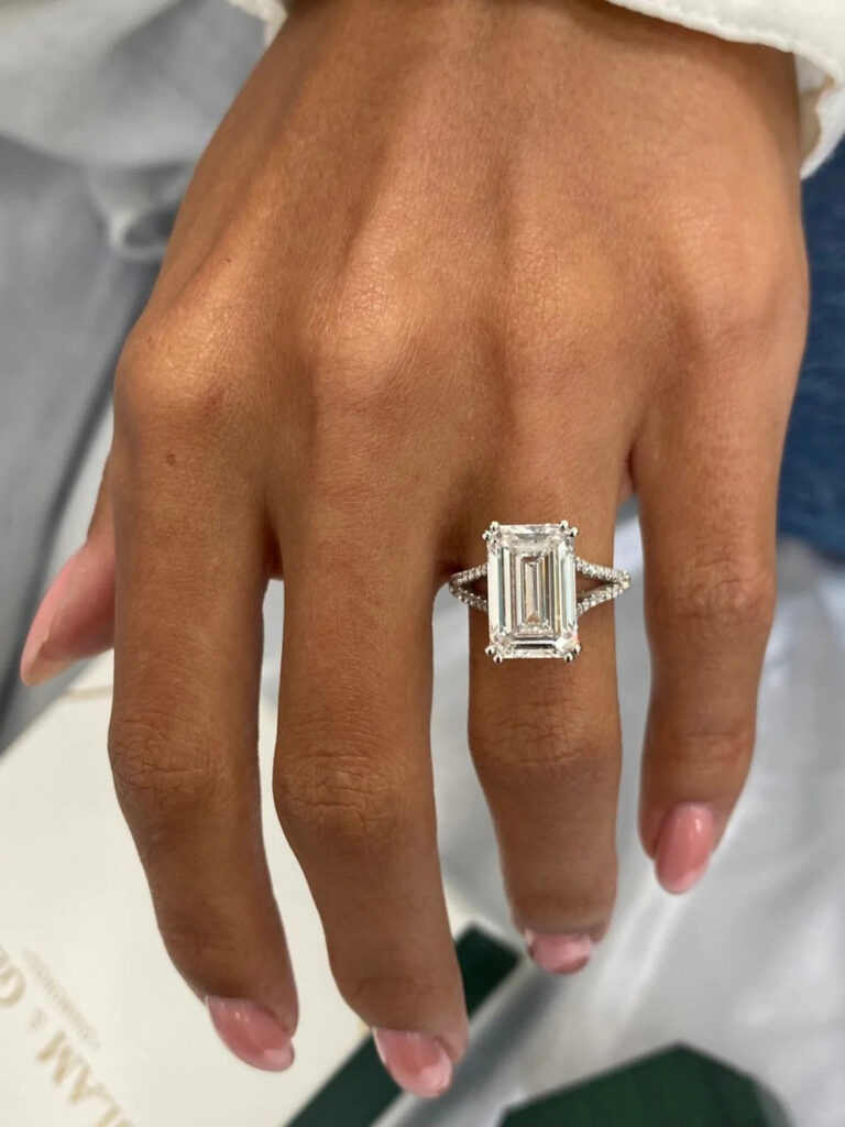14k White Gold 6.38 Carat Emerald Cut Lab Grown Hidden Halo Diamond Engagement Ring 5 768x1024