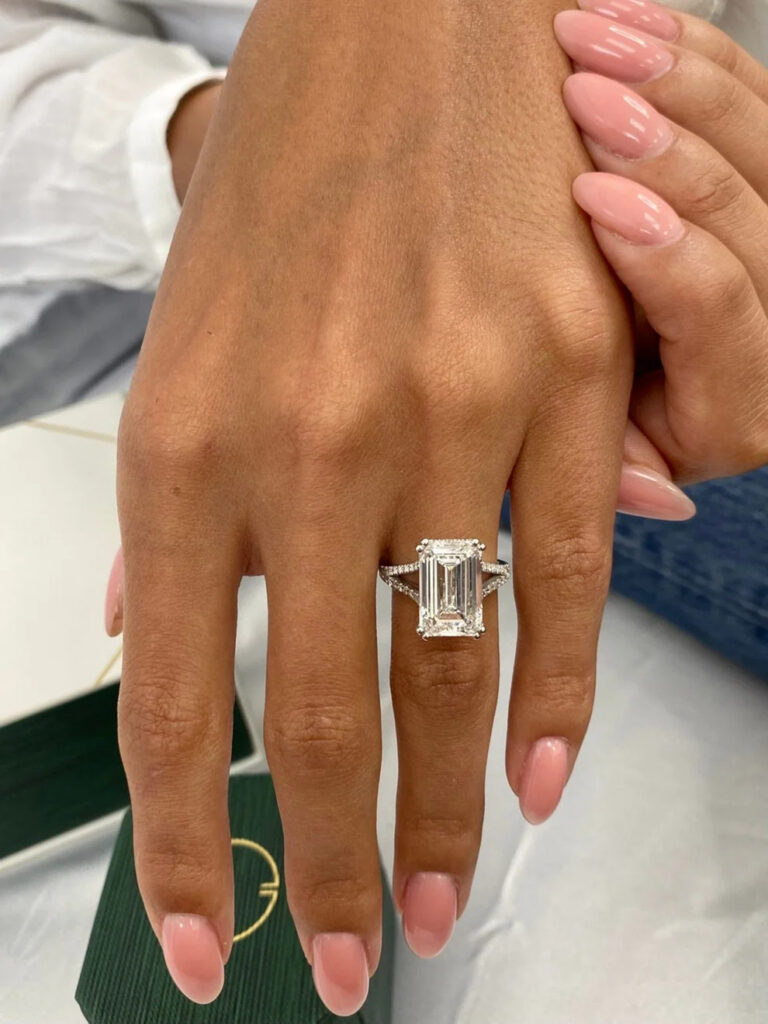 14k White Gold 6.38 Carat Emerald Cut Lab Grown Hidden Halo Diamond Engagement Ring 7 768x1024