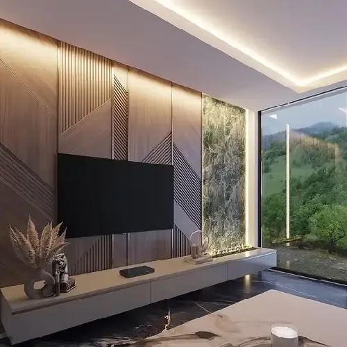 Modern living room featuring a TV mounted on a textured wooden wall