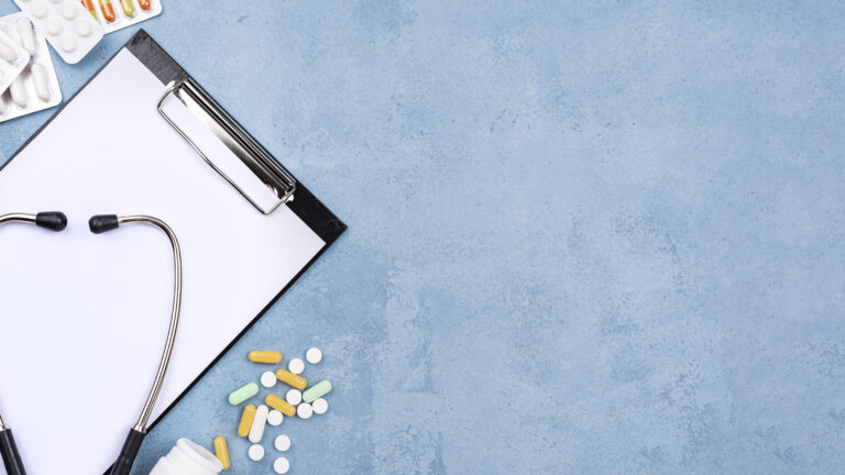 medical objects composition with empty clipboard with copy space 1 768x432